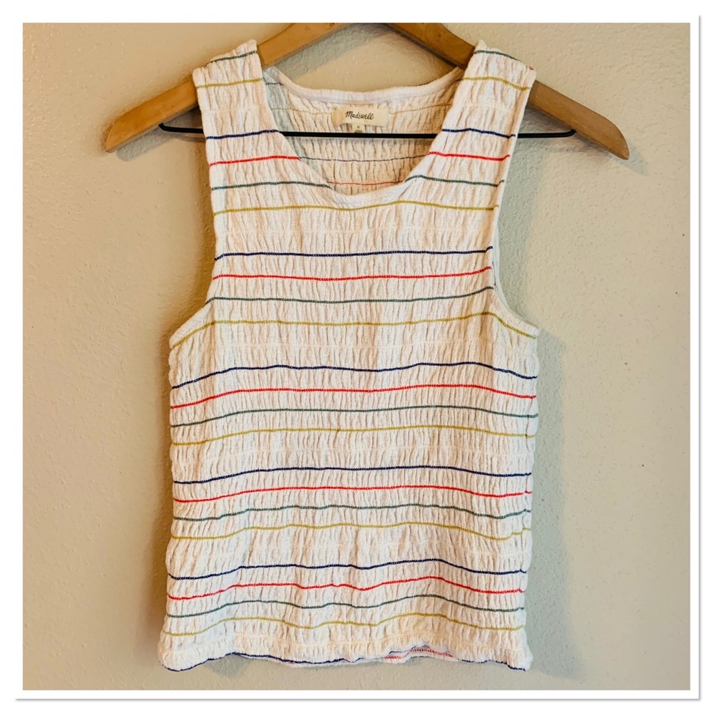 Madewell Texture & Thread Rainbow Stitch Smocked Tank Top Cream Multi Color M